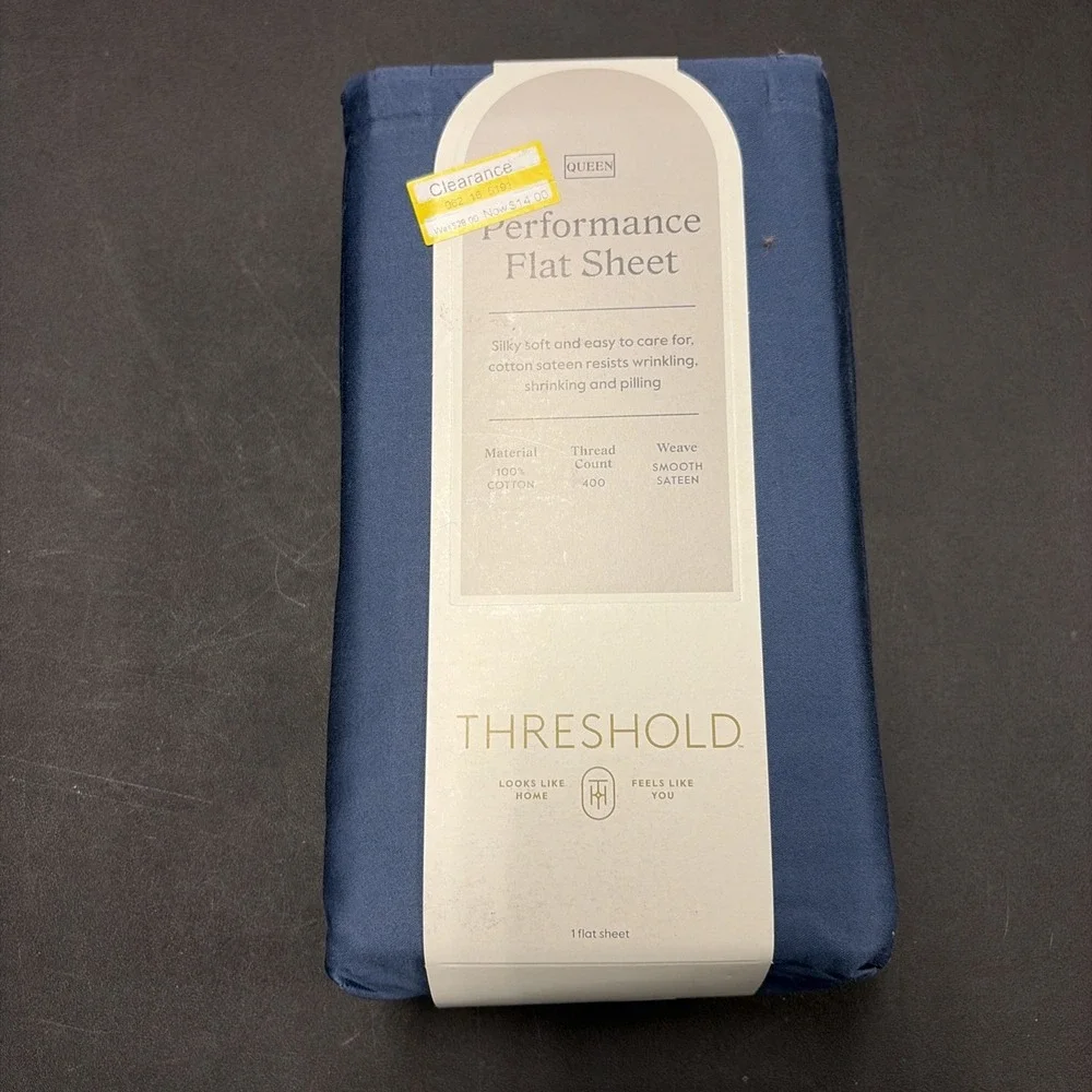 Threshold Performance Cotton Sateen QUEEN Flat Sheet Blue 400 TC Smooth 20596